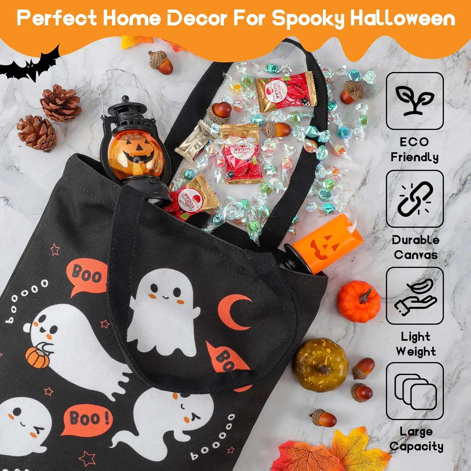 ATFUNSHOP Trick or Treat Bag - Reusable 15.7'' Large Canvas Tote & Grocery Bag for Kids