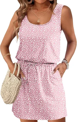 AUSELILY Summer Dresses for Women 2025 Casual Sleeveless Drawstring Waist Beach Cover up Mini Short Dresses with Pockets