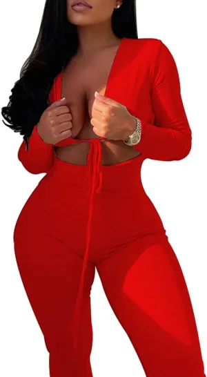 Azhong Women's Sexy Cut Out Bodycon Jumpsuit Lace Up Front V Neck One Piece Outfit Long Sleeve Rompers