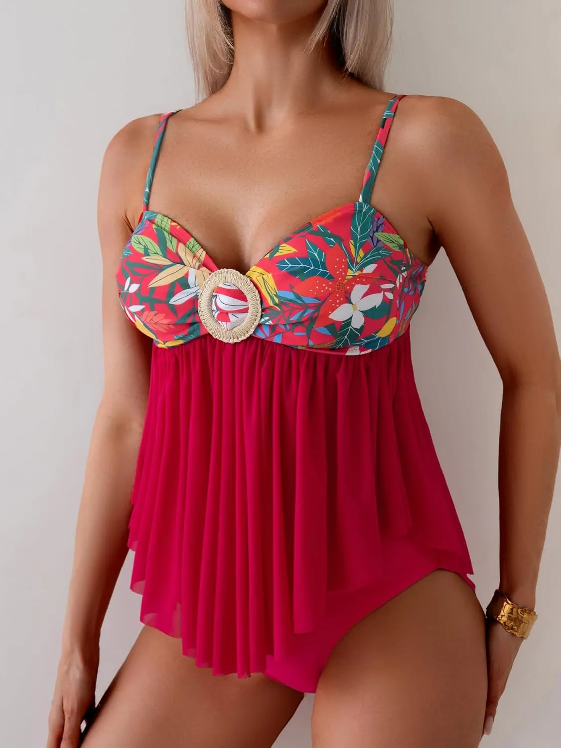 B2prity Women's Mesh Tankini Swimsuits Tummy Control Two Piece Bathing Suits Tie Back Flowy Swimwear with High Waisted Bottom