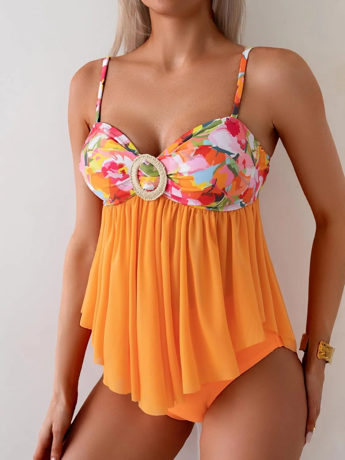 B2prity Women's Mesh Tankini Swimsuits Tummy Control Two Piece Bathing Suits Tie Back Flowy Swimwear with High Waisted Bottom