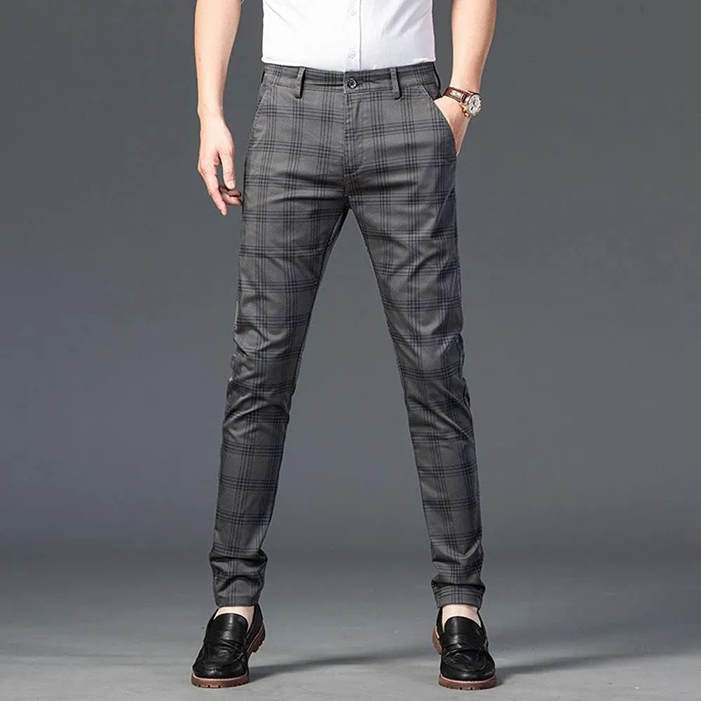 Banana Bucket Mens Casual Fashion Slim Fit Stretch Flat-Front Skinny Dress Pants Plaid with Pockets