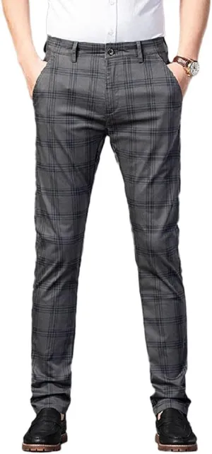 Banana Bucket Mens Casual Fashion Slim Fit Stretch Flat-Front Skinny Dress Pants Plaid with Pockets