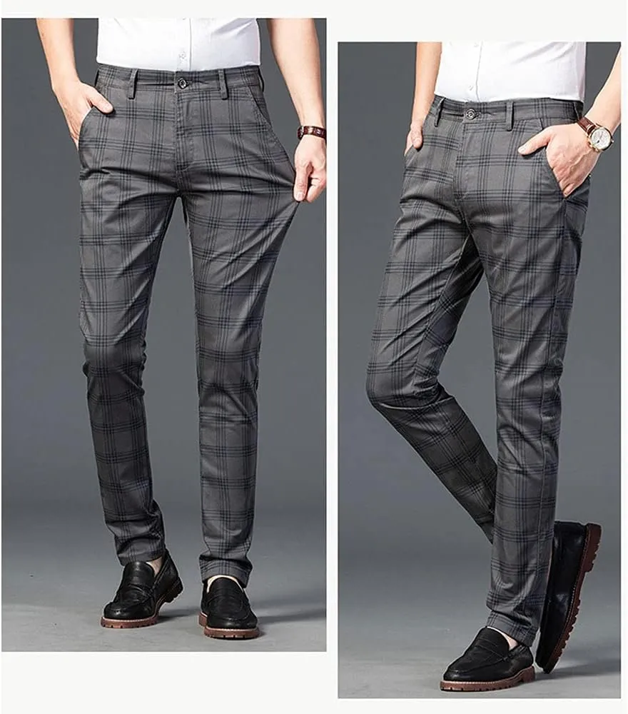 Banana Bucket Mens Casual Fashion Slim Fit Stretch Flat-Front Skinny Dress Pants Plaid with Pockets