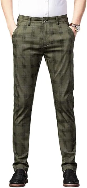 Banana Bucket Mens Casual Fashion Slim Fit Stretch Flat-Front Skinny Dress Pants Plaid with Pockets
