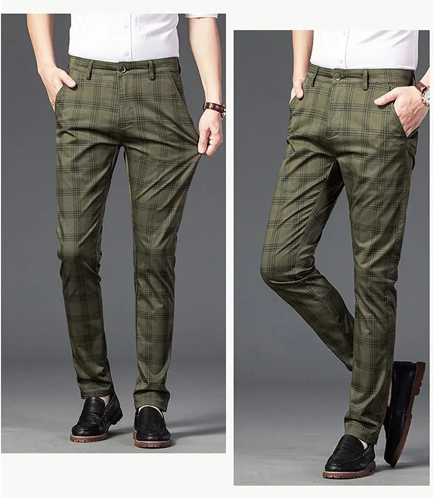 Banana Bucket Mens Casual Fashion Slim Fit Stretch Flat-Front Skinny Dress Pants Plaid with Pockets