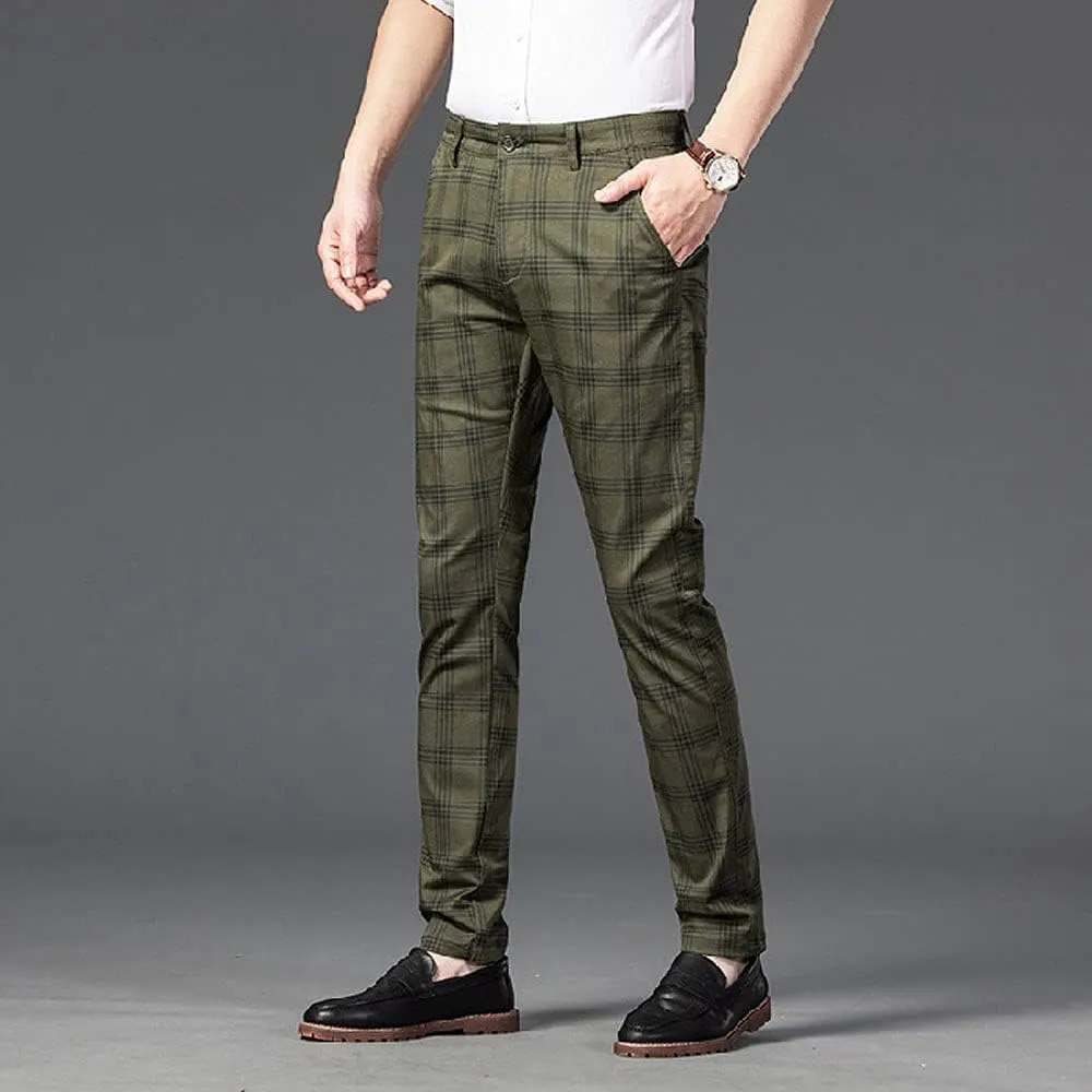 Banana Bucket Mens Casual Fashion Slim Fit Stretch Flat-Front Skinny Dress Pants Plaid with Pockets