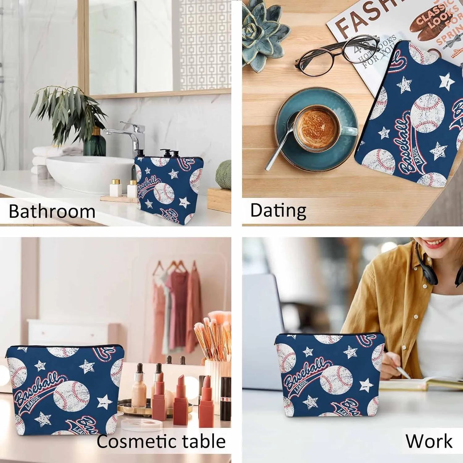 Baseball Makeup Organizer Bag Cosmetic Bag For Men Women, Sports Ball Softball Baseball Blue Travel Toiletry Bag Flax Makeup Bags Purse Business Makeup Pouch For Toiletries Cosmetics