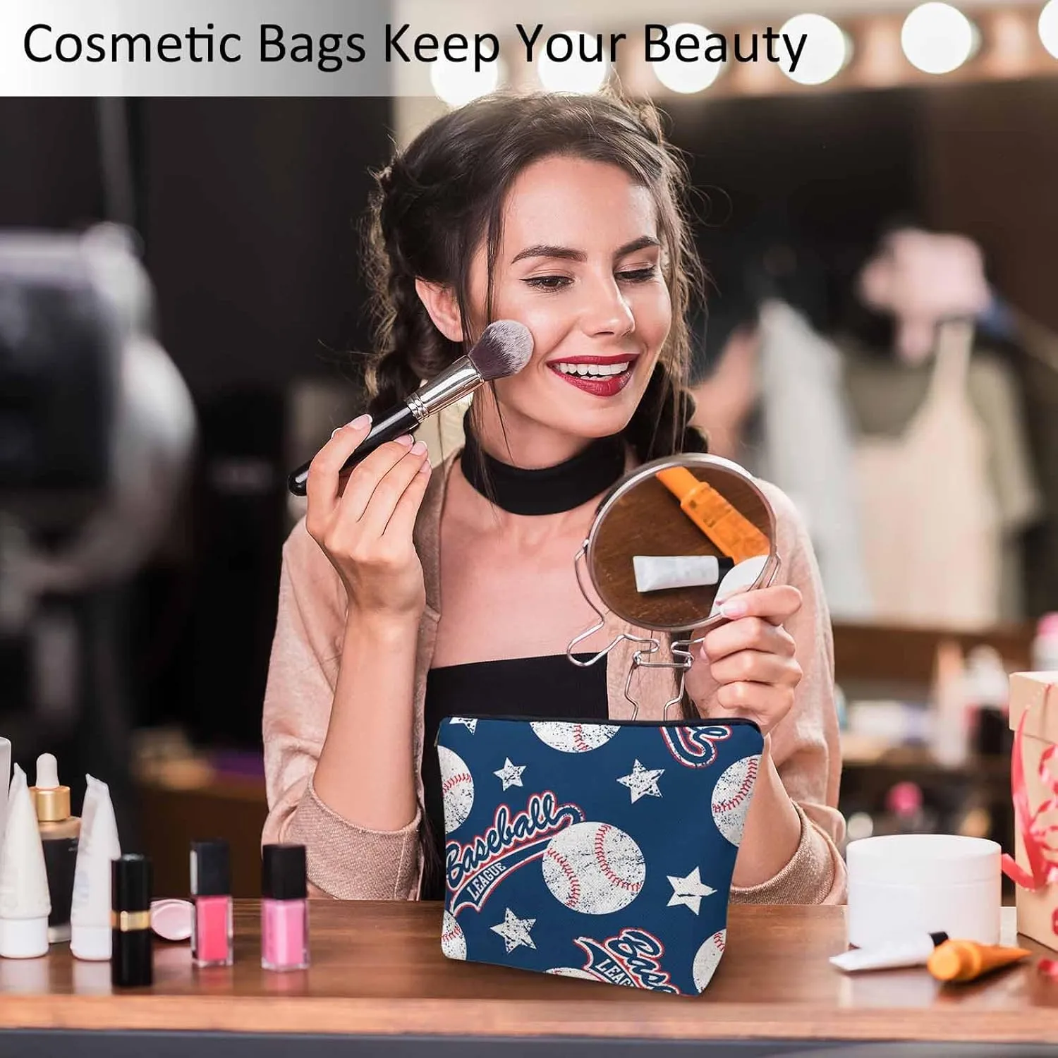 Baseball Makeup Organizer Bag Cosmetic Bag For Men Women, Sports Ball Softball Baseball Blue Travel Toiletry Bag Flax Makeup Bags Purse Business Makeup Pouch For Toiletries Cosmetics