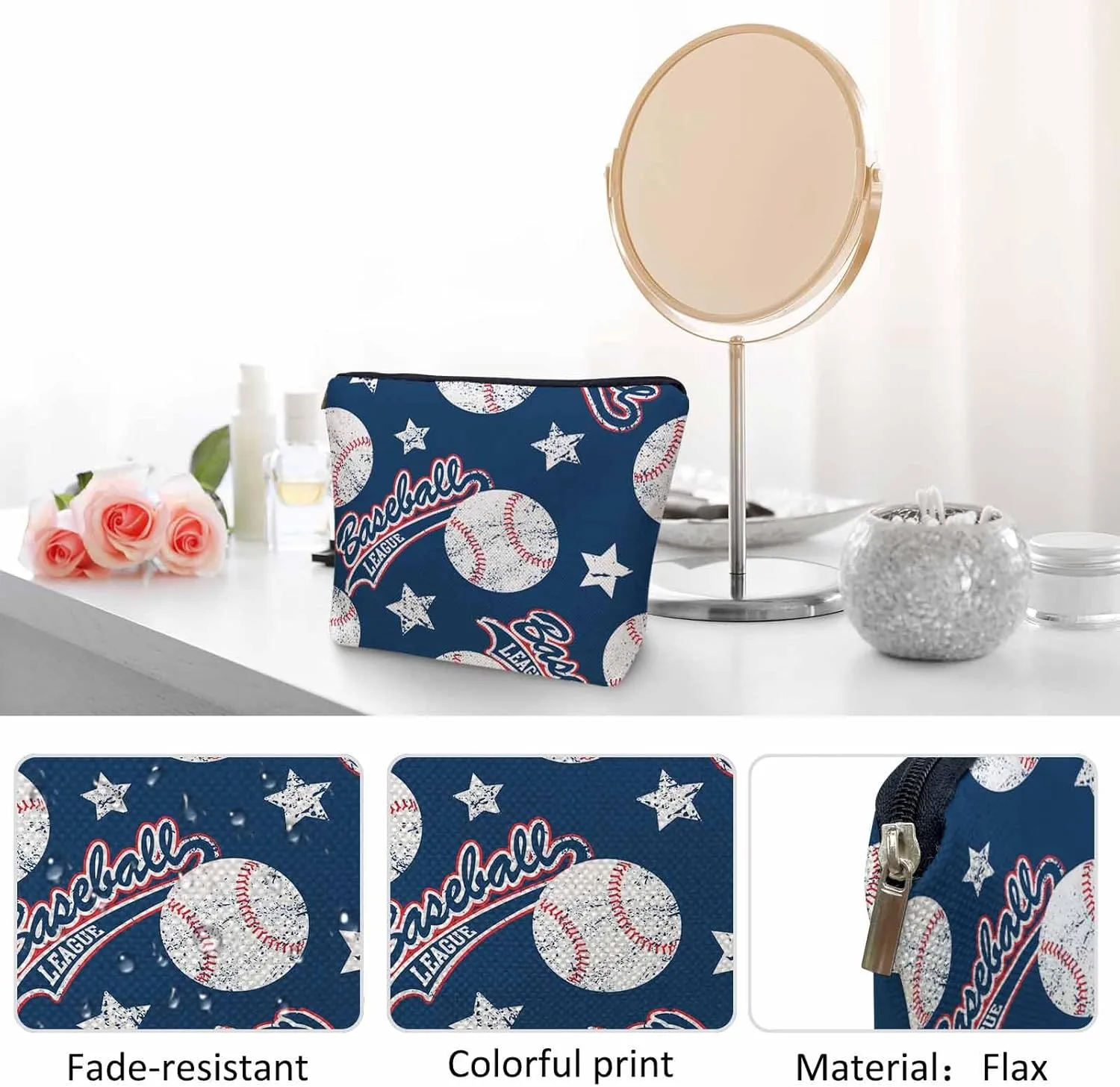 Baseball Makeup Organizer Bag Cosmetic Bag For Men Women, Sports Ball Softball Baseball Blue Travel Toiletry Bag Flax Makeup Bags Purse Business Makeup Pouch For Toiletries Cosmetics