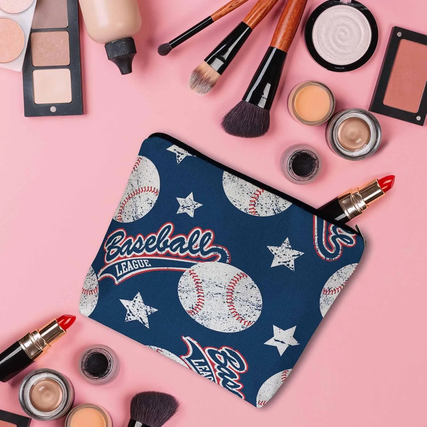 Baseball Makeup Organizer Bag Cosmetic Bag For Men Women, Sports Ball Softball Baseball Blue Travel Toiletry Bag Flax Makeup Bags Purse Business Makeup Pouch For Toiletries Cosmetics