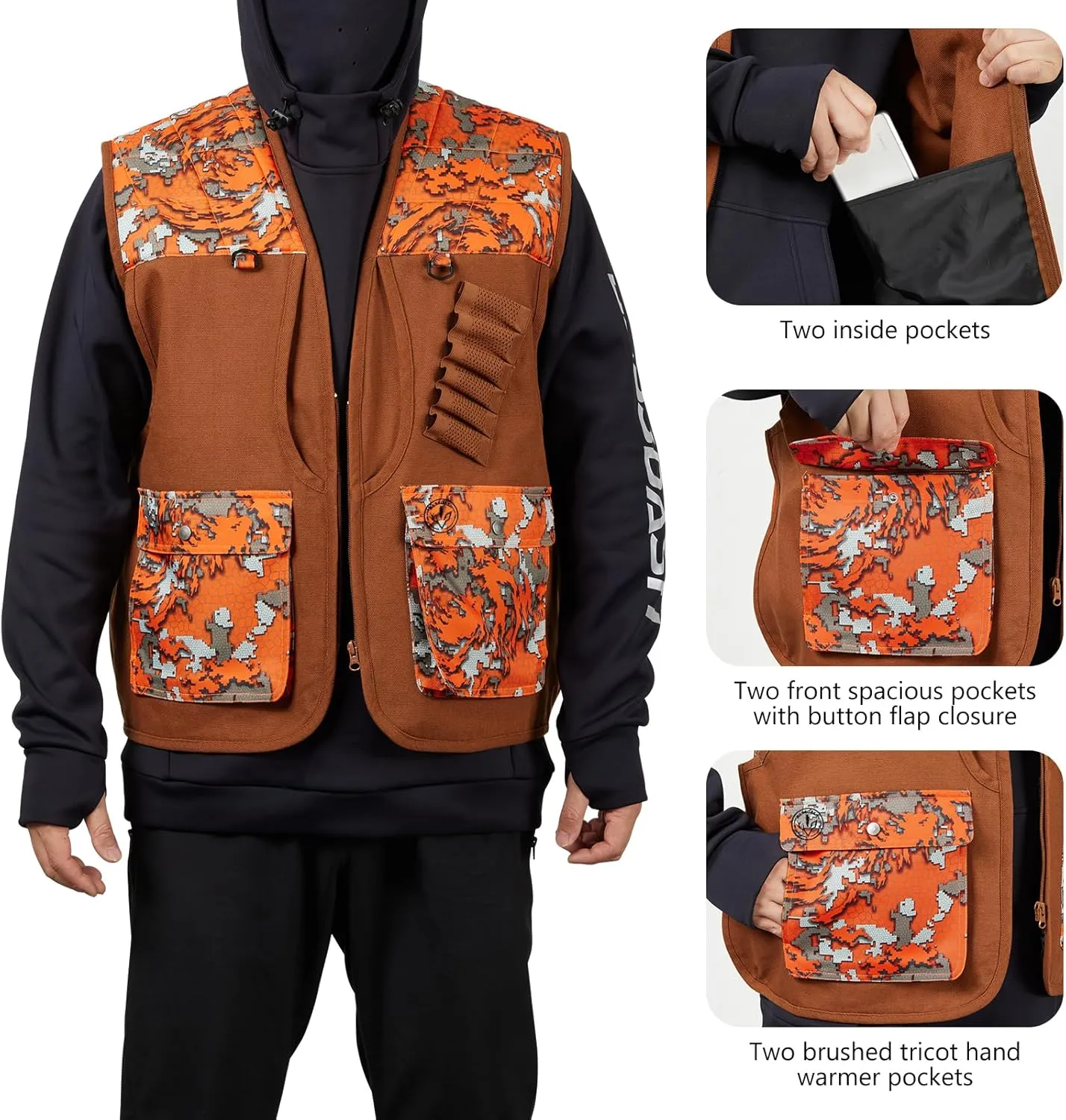 BASSDASH Upland Game Field Water-Resistant Bird Hunting Vest with Multi Pockets Brown/Orange Men Women FV11