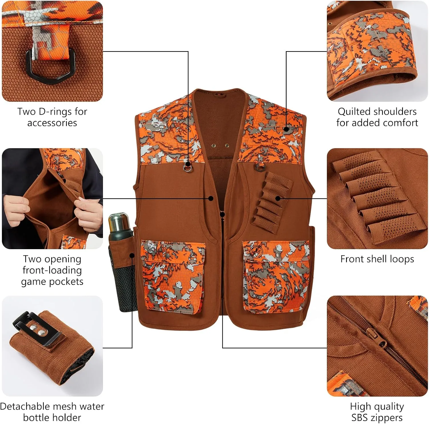 BASSDASH Upland Game Field Water-Resistant Bird Hunting Vest with Multi Pockets Brown/Orange Men Women FV11