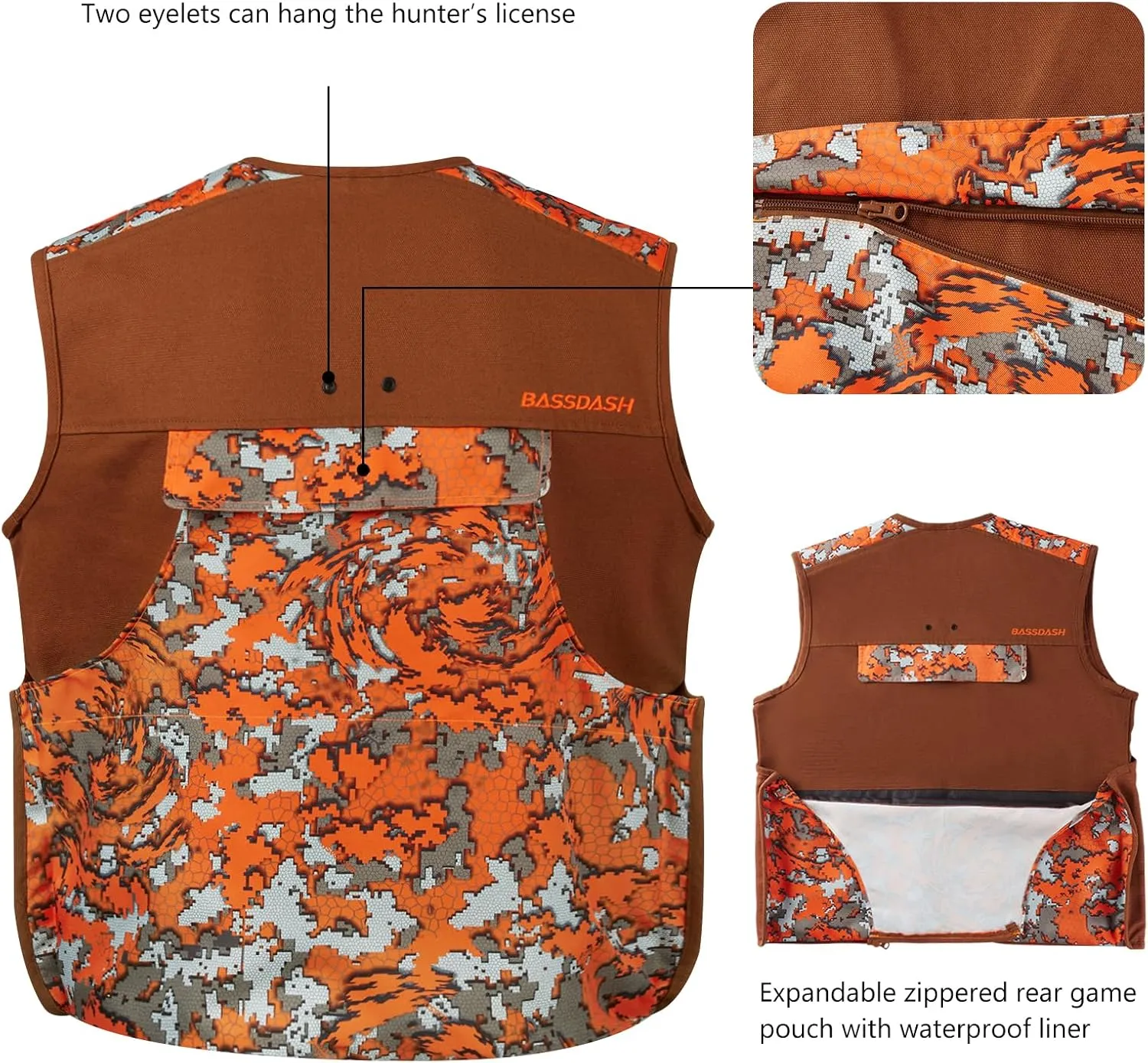 BASSDASH Upland Game Field Water-Resistant Bird Hunting Vest with Multi Pockets Brown/Orange Men Women FV11