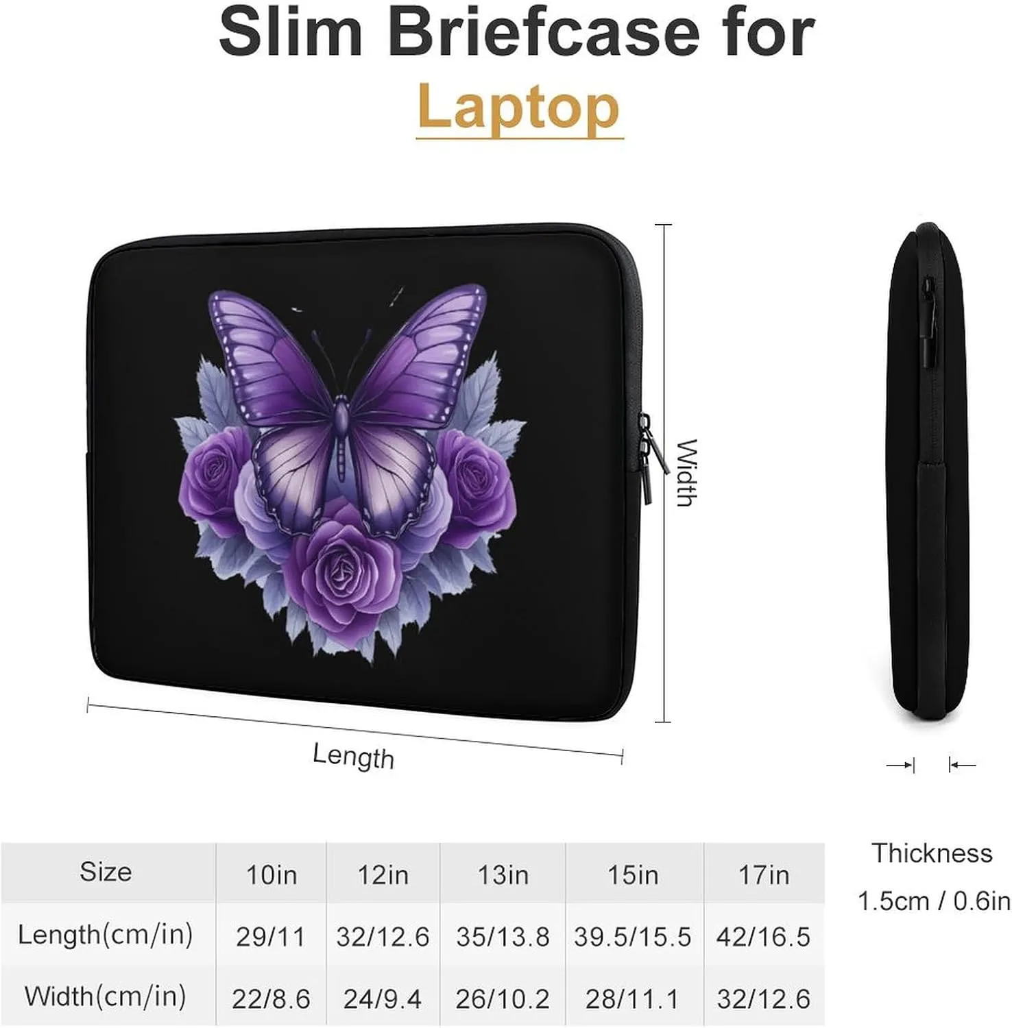 Beautiful Butterfly Purple Rose Laptop Case Sleeve Bag 12inch Durable Shockproof Protective Computer Carrying Cover Briefcase
