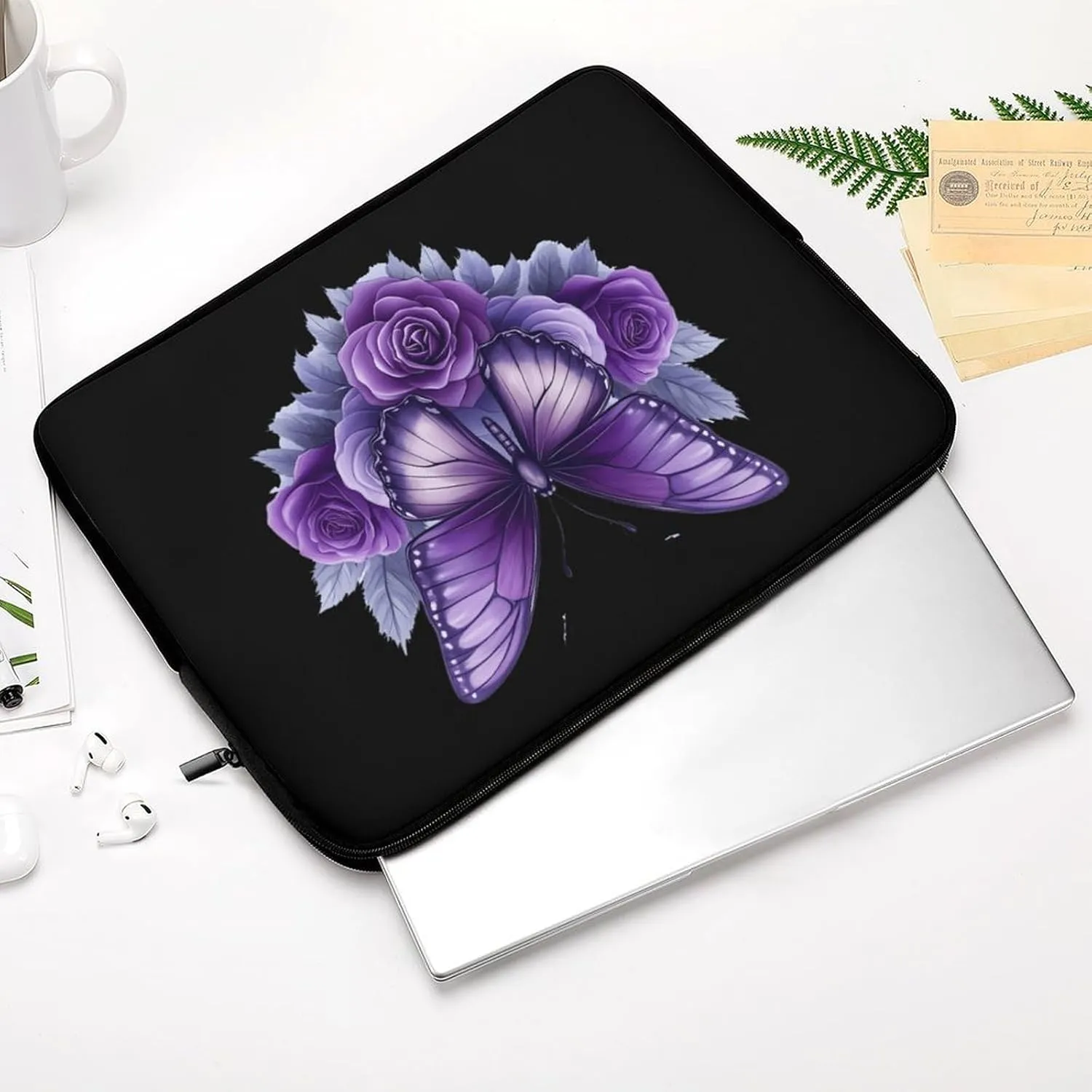 Beautiful Butterfly Purple Rose Laptop Case Sleeve Bag 12inch Durable Shockproof Protective Computer Carrying Cover Briefcase
