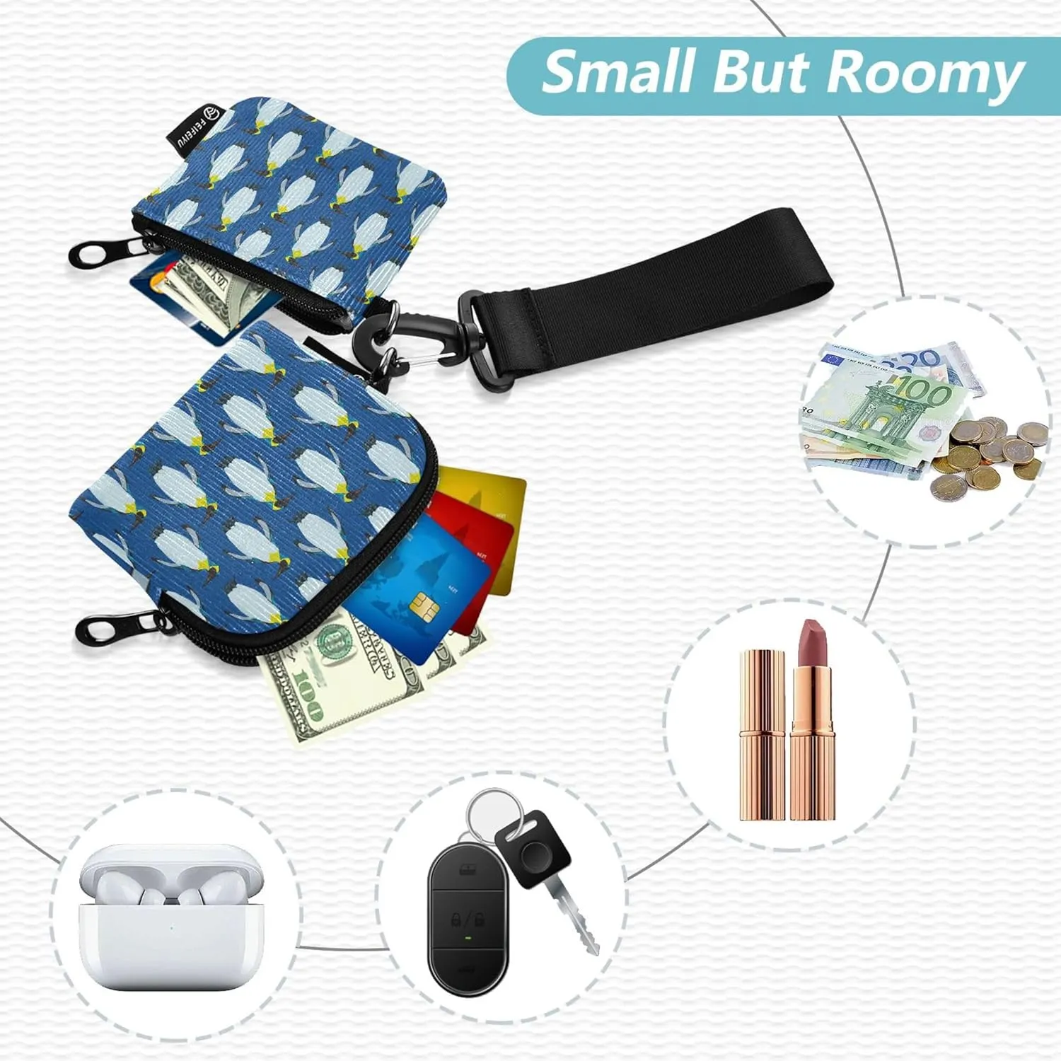 Beautiful King Penguin Pattern Women's Card Cases Change Holder Thin Flat Zipper Wallet Coin Bag with Zipper Pocket for Men Women 2 Pcs