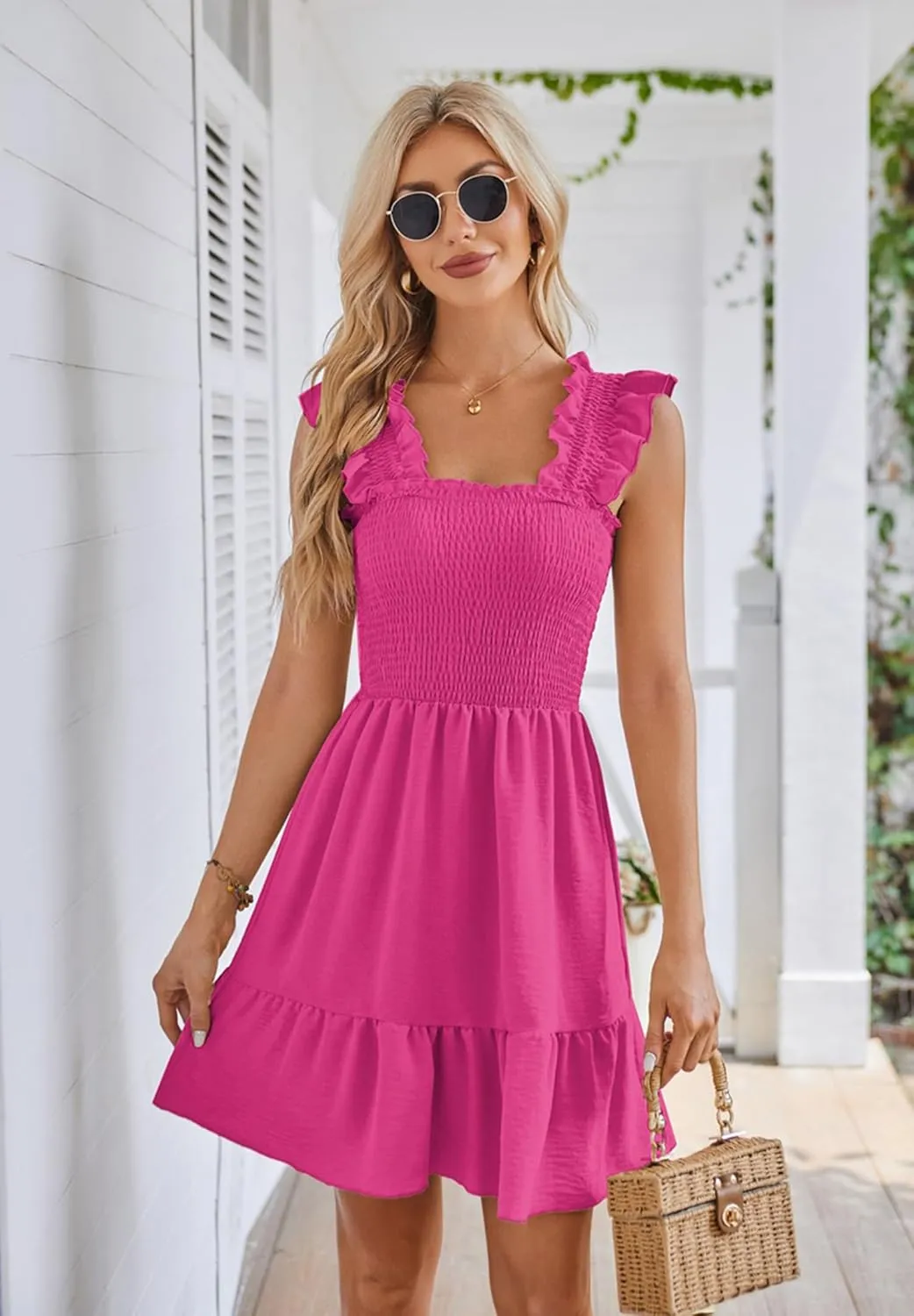 Beautiful Nomad Women's Summer Square Neck Smocked Ruffle Backless Dress Casual Boho Mini Short Dresses