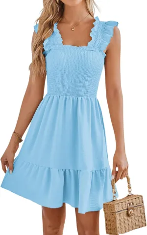 Beautiful Nomad Women's Summer Square Neck Smocked Ruffle Backless Dress Casual Boho Mini Short Dresses