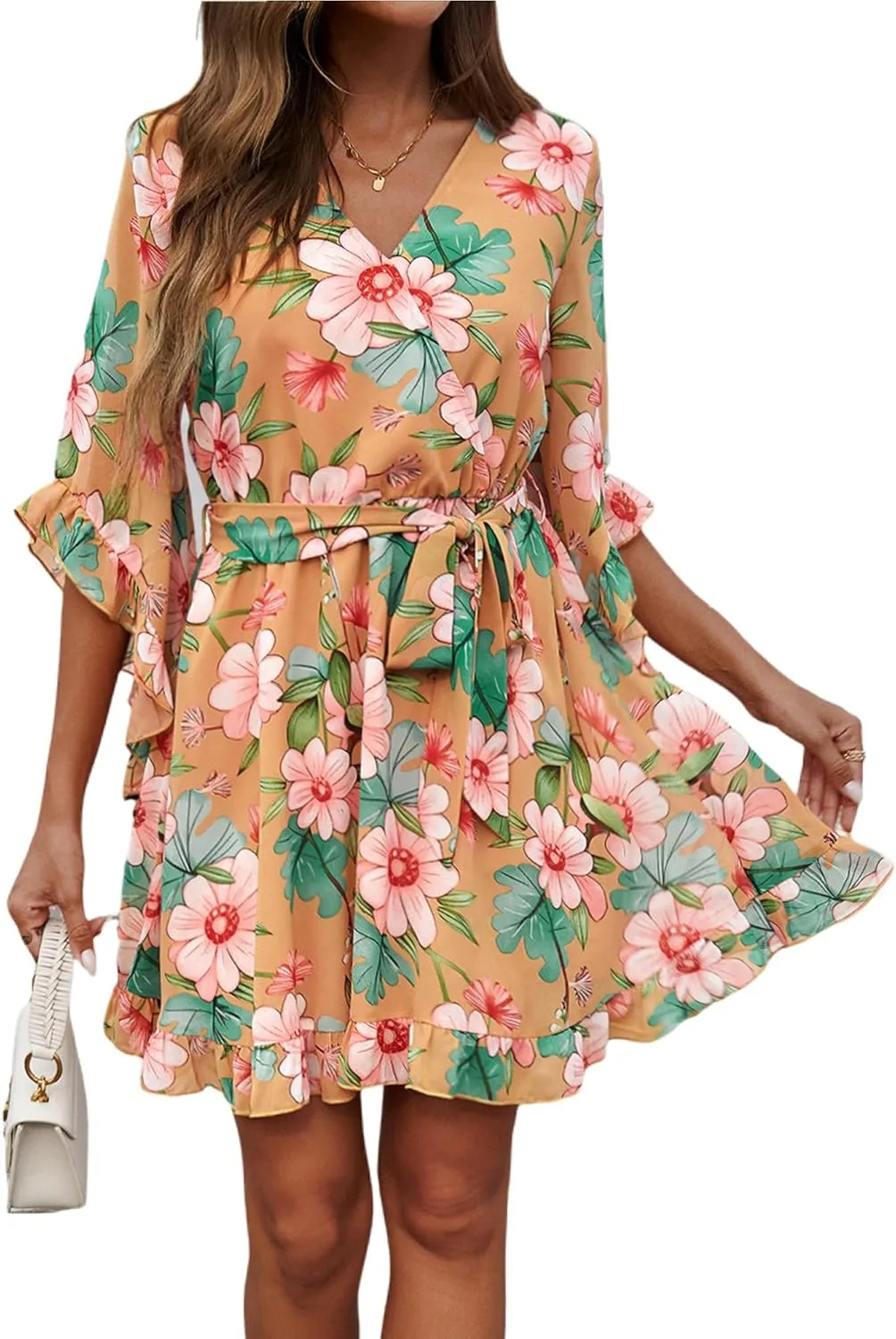 Beautiful Nomad Women's Summer V Neck Dress Casual Flowy Floral Elegant Mini Short Swing Skater Dresses