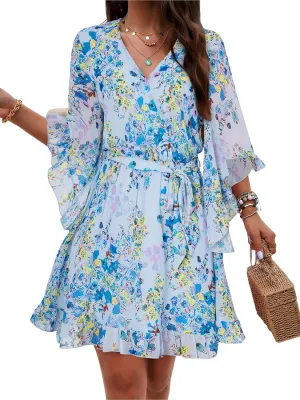 Beautiful Nomad Women's Summer V Neck Dress Casual Flowy Floral Elegant Mini Short Swing Skater Dresses