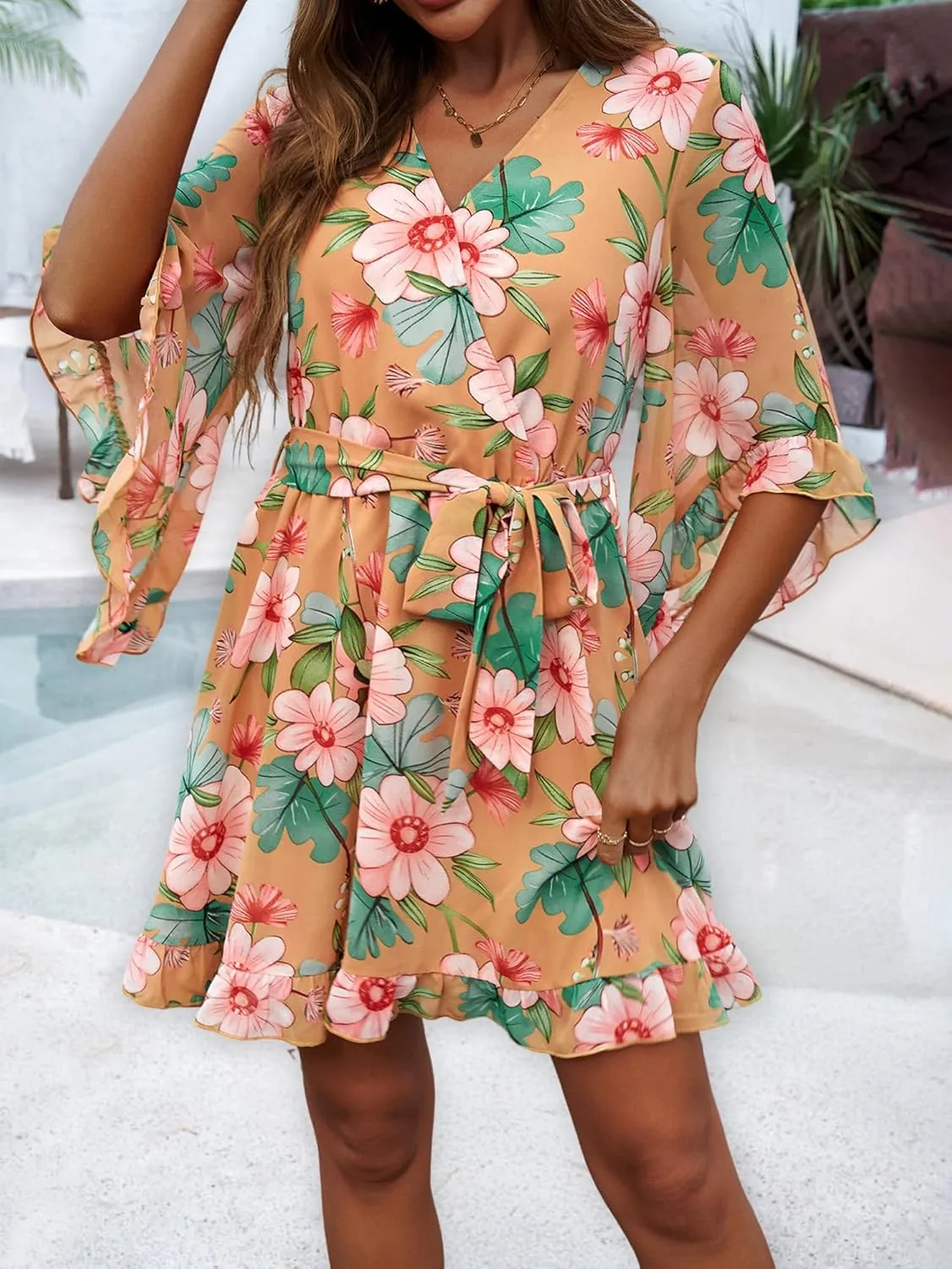 Beautiful Nomad Women's Summer V Neck Dress Casual Flowy Floral Elegant Mini Short Swing Skater Dresses