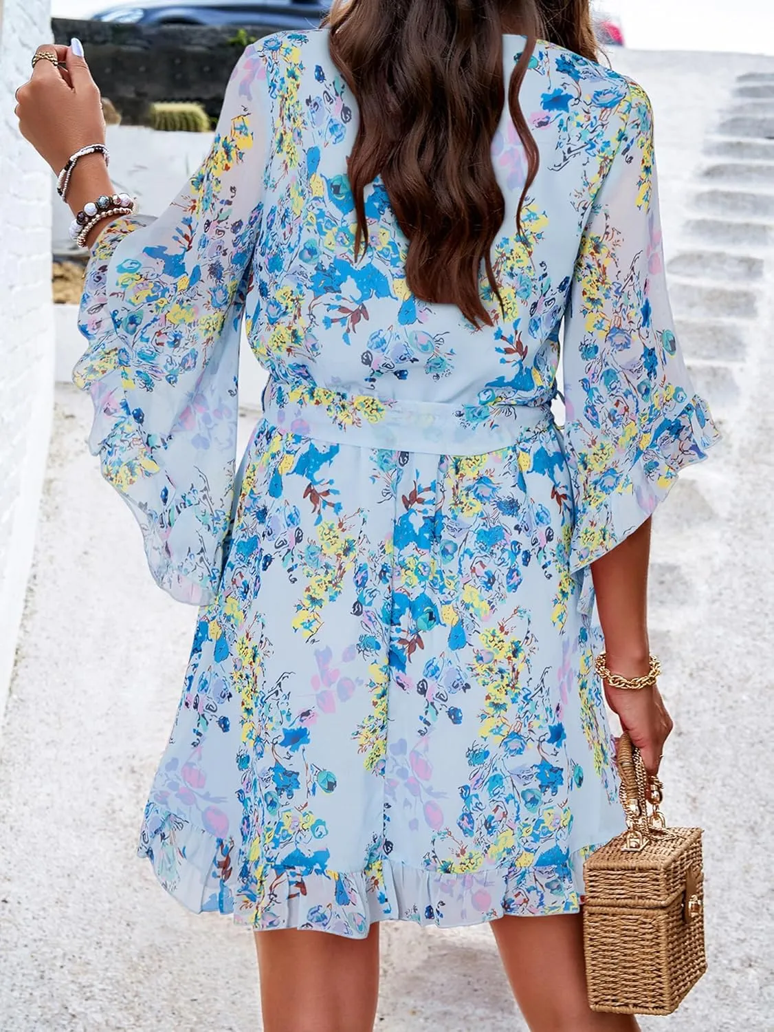 Beautiful Nomad Women's Summer V Neck Dress Casual Flowy Floral Elegant Mini Short Swing Skater Dresses