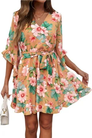 Beautiful Nomad Women's Summer V Neck Dress Casual Flowy Floral Elegant Mini Short Swing Skater Dresses