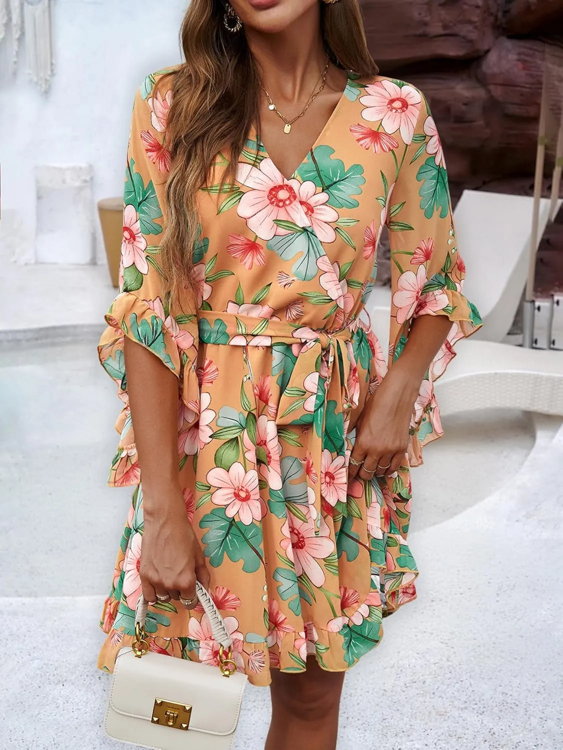 Beautiful Nomad Women's Summer V Neck Dress Casual Flowy Floral Elegant Mini Short Swing Skater Dresses