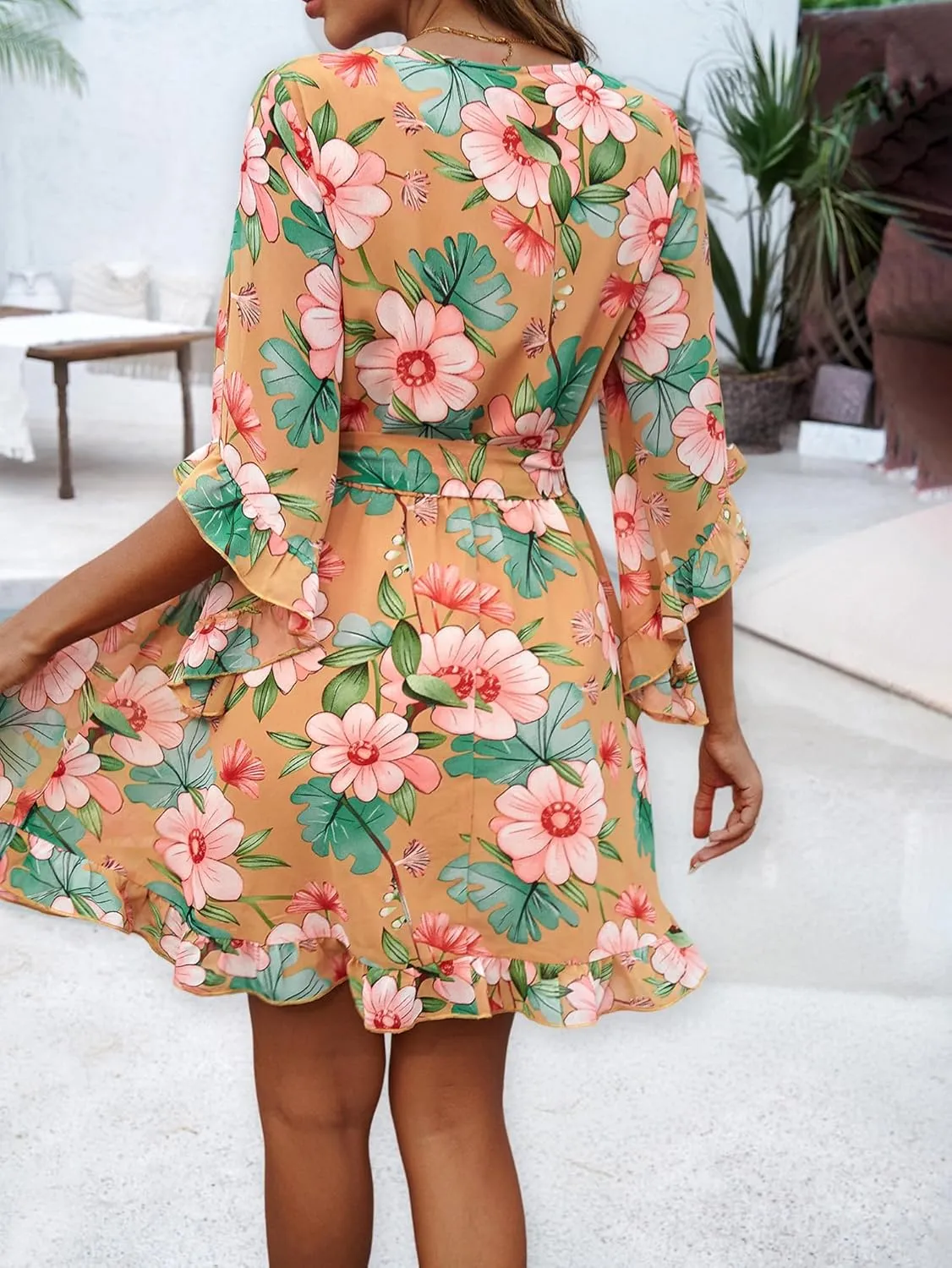 Beautiful Nomad Women's Summer V Neck Dress Casual Flowy Floral Elegant Mini Short Swing Skater Dresses