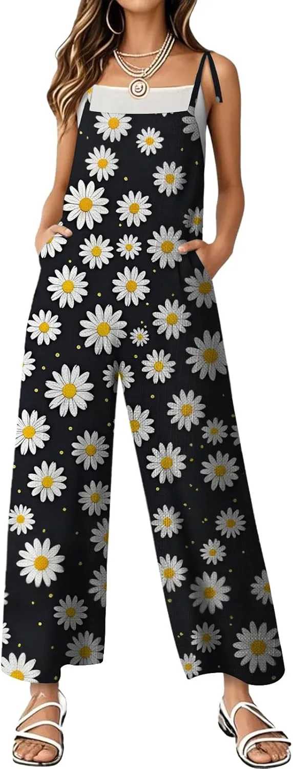 Bengbobar Women One Piece Jumpsuit Mesh Casual Outfits Oil Painting 3D Print Sleeveless High Waist Wide Leg Overalls Women