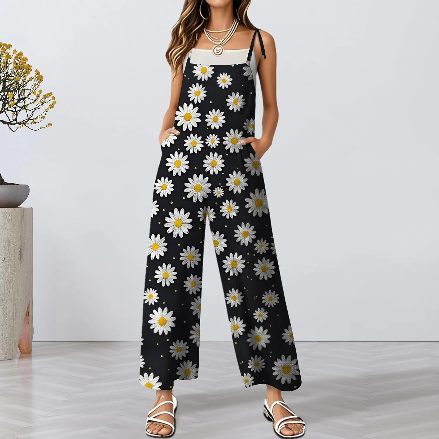 Bengbobar Women One Piece Jumpsuit Mesh Casual Outfits Oil Painting 3D Print Sleeveless High Waist Wide Leg Overalls Women