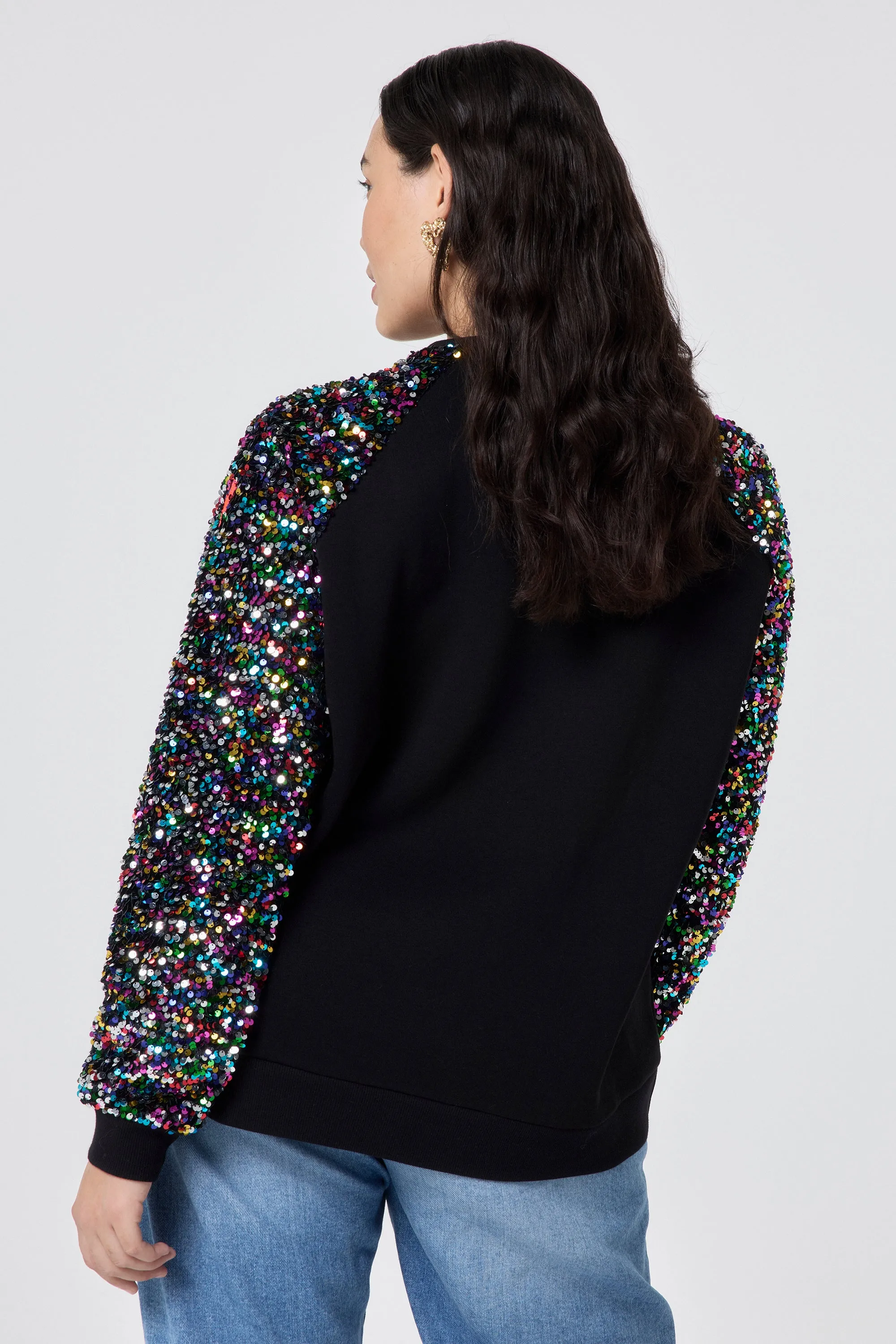 Black with Rainbow Sequin Sleeve Raglan Sweatshirt