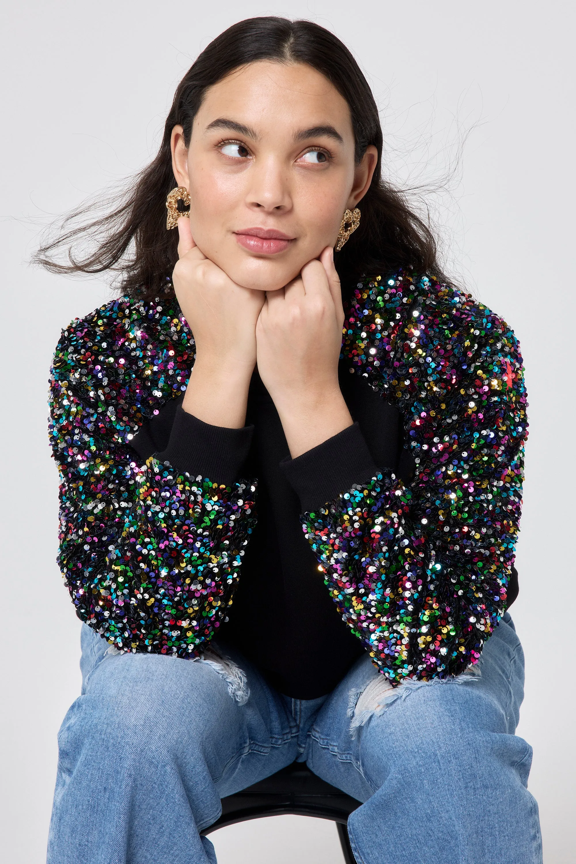 Black with Rainbow Sequin Sleeve Raglan Sweatshirt
