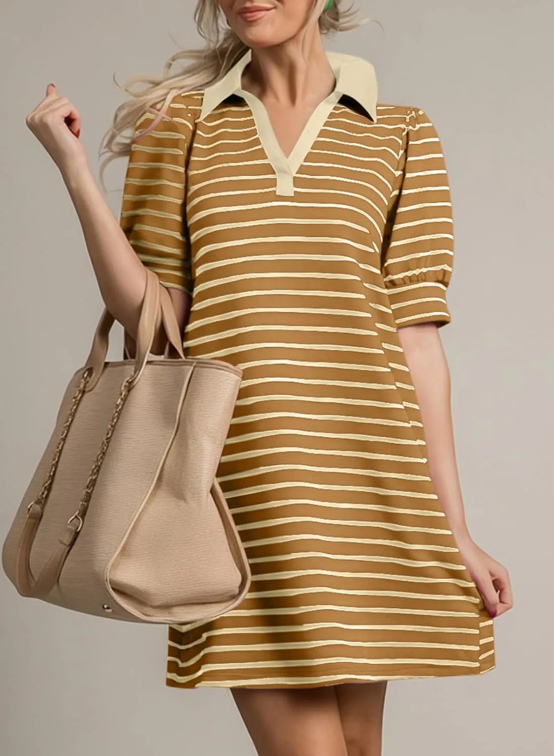 BLENCOT Women's Casual Polo V Neck T Shirt Striped Dress Summer Puff Short Sleeve MIdi Dresses