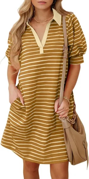 BLENCOT Women's Casual Polo V Neck T Shirt Striped Dress Summer Puff Short Sleeve MIdi Dresses
