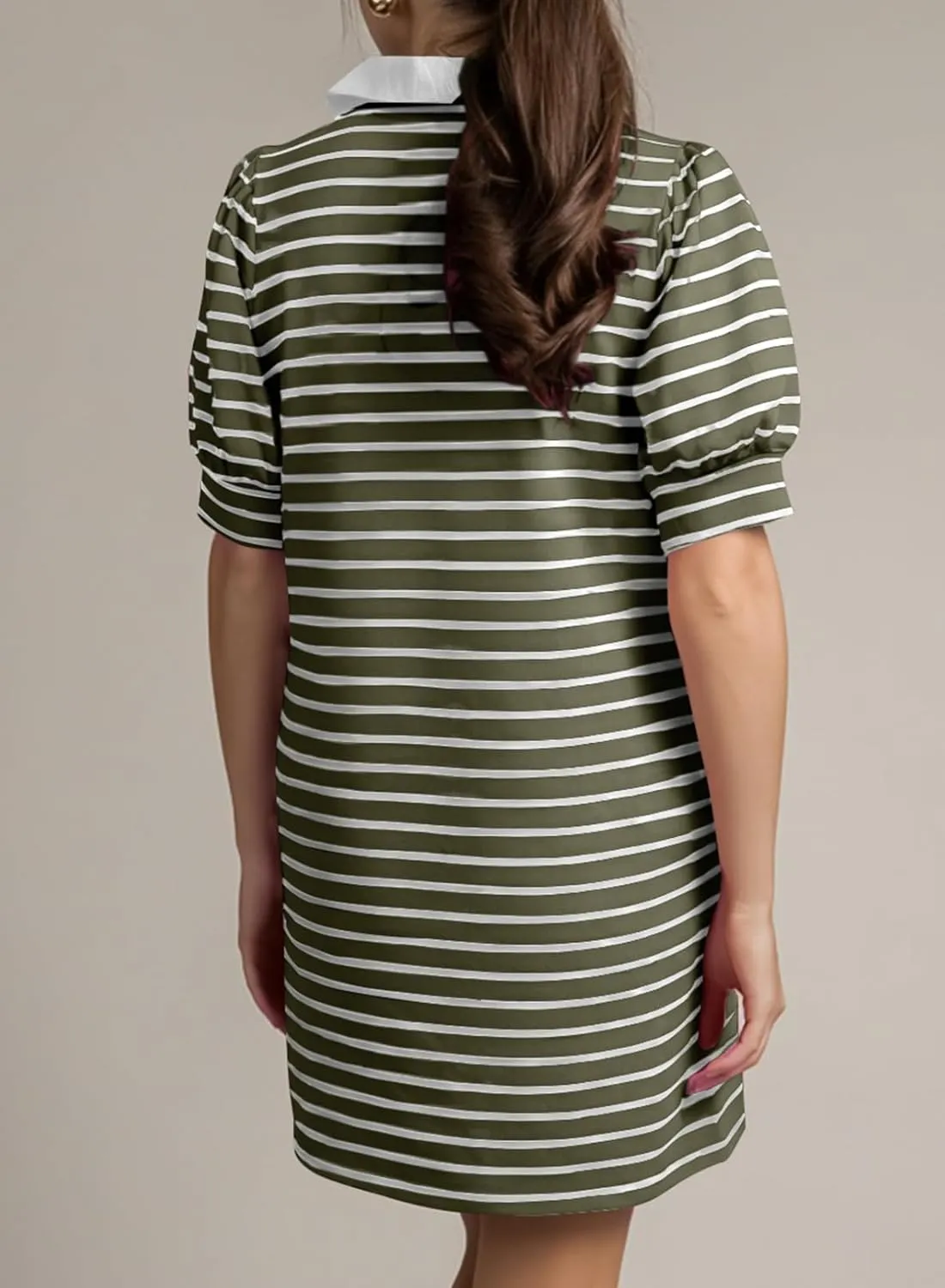 BLENCOT Women's Casual Polo V Neck T Shirt Striped Dress Summer Puff Short Sleeve MIdi Dresses