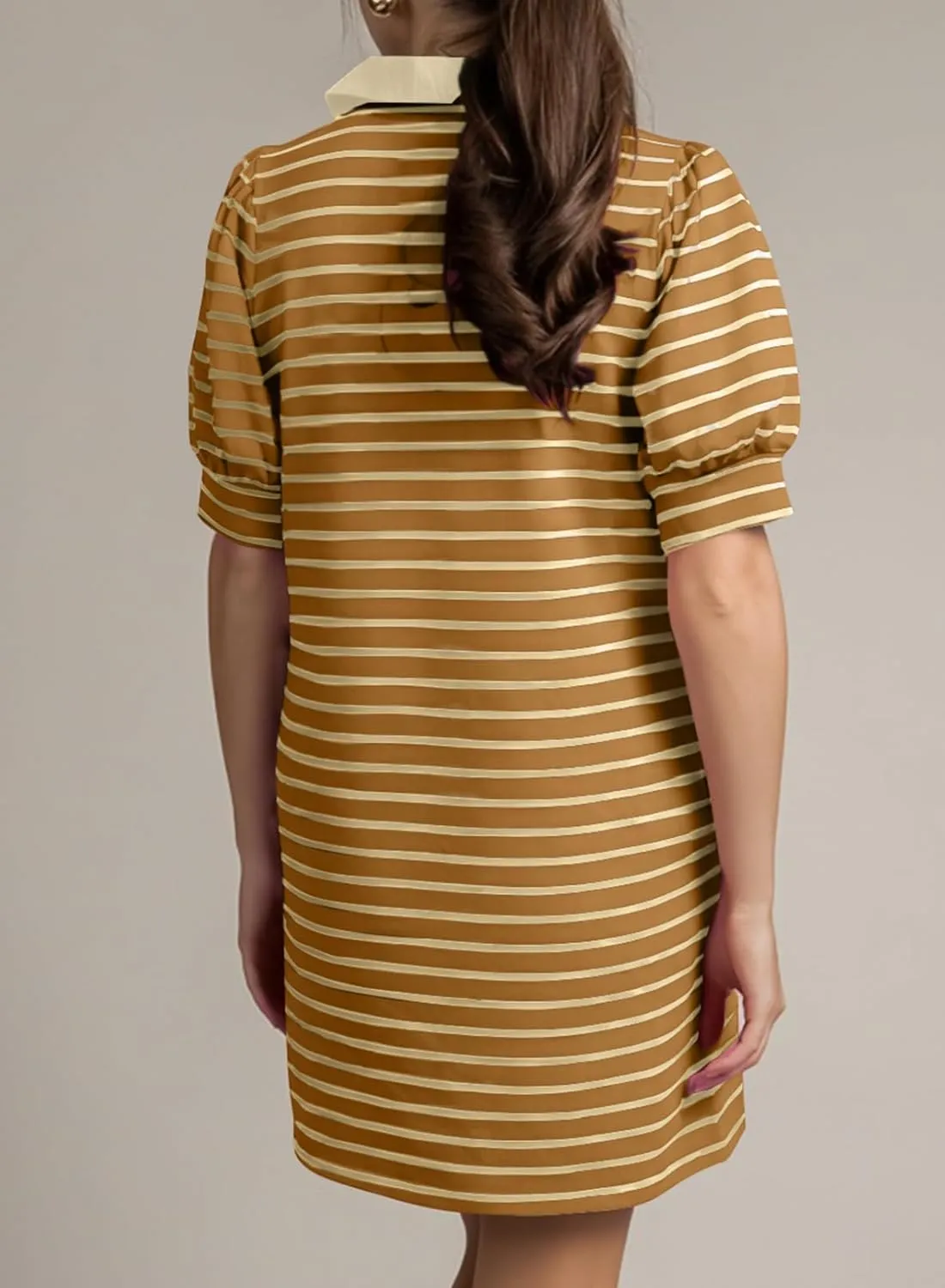 BLENCOT Women's Casual Polo V Neck T Shirt Striped Dress Summer Puff Short Sleeve MIdi Dresses