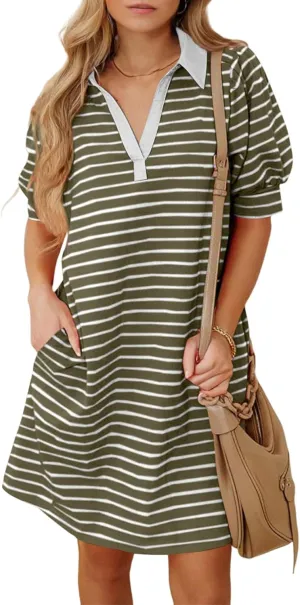 BLENCOT Women's Casual Polo V Neck T Shirt Striped Dress Summer Puff Short Sleeve MIdi Dresses