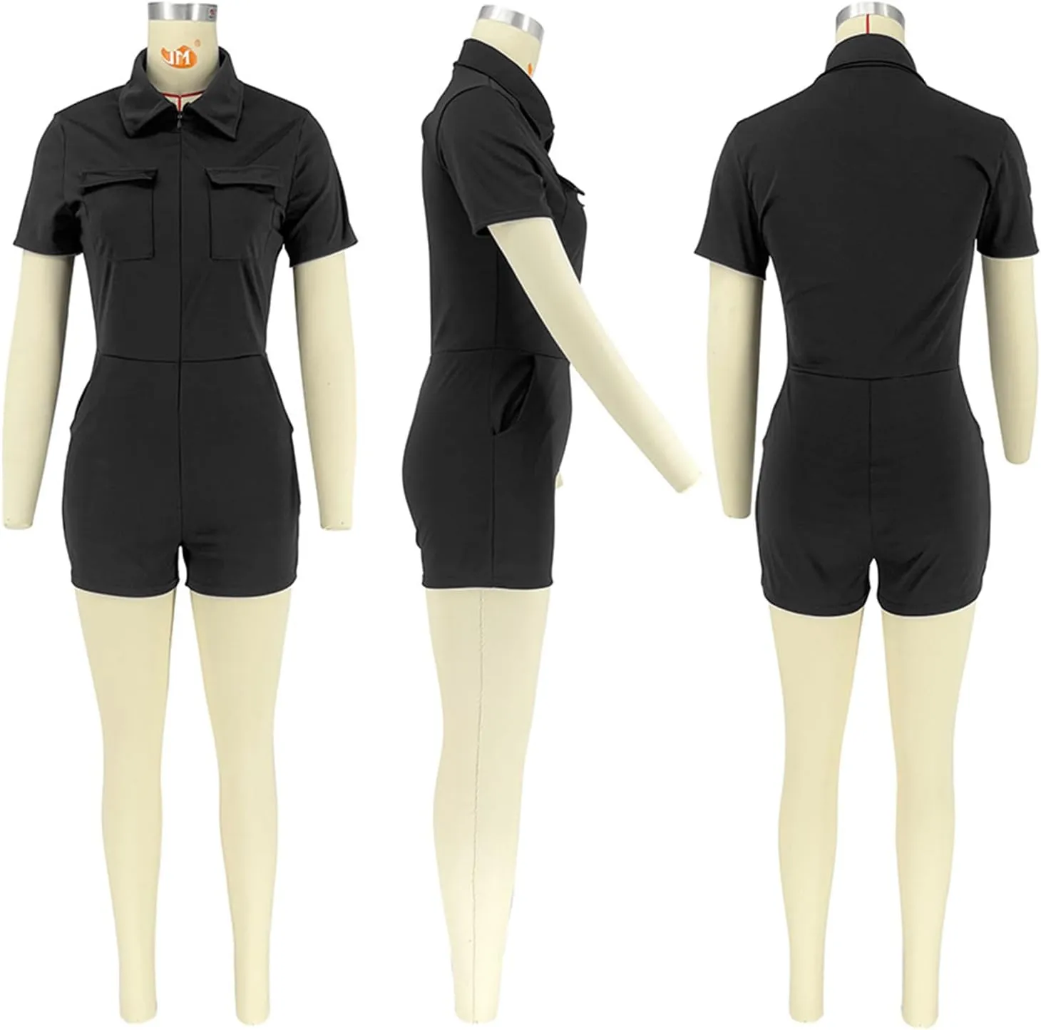Bluewolfsea Women Summer Short Sleeve Zipper Bodycon Jumpsuit Pockets Sexy One Piece Fitted Short Rompers
