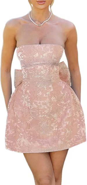 BNGD Women's Solid Color Bustier Backless Bow Dress Sexy Jacquard Strappy Mini Skirt