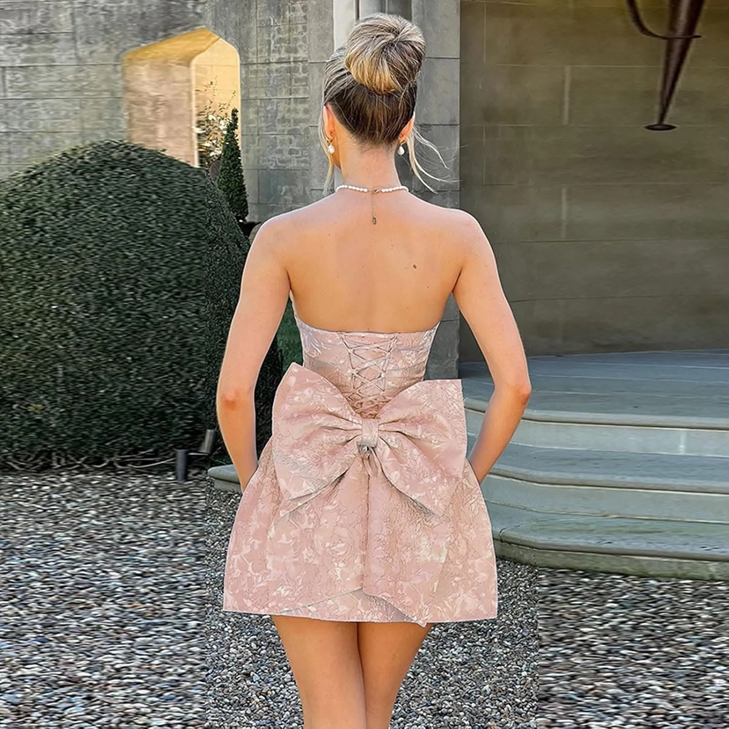 BNGD Women's Solid Color Bustier Backless Bow Dress Sexy Jacquard Strappy Mini Skirt