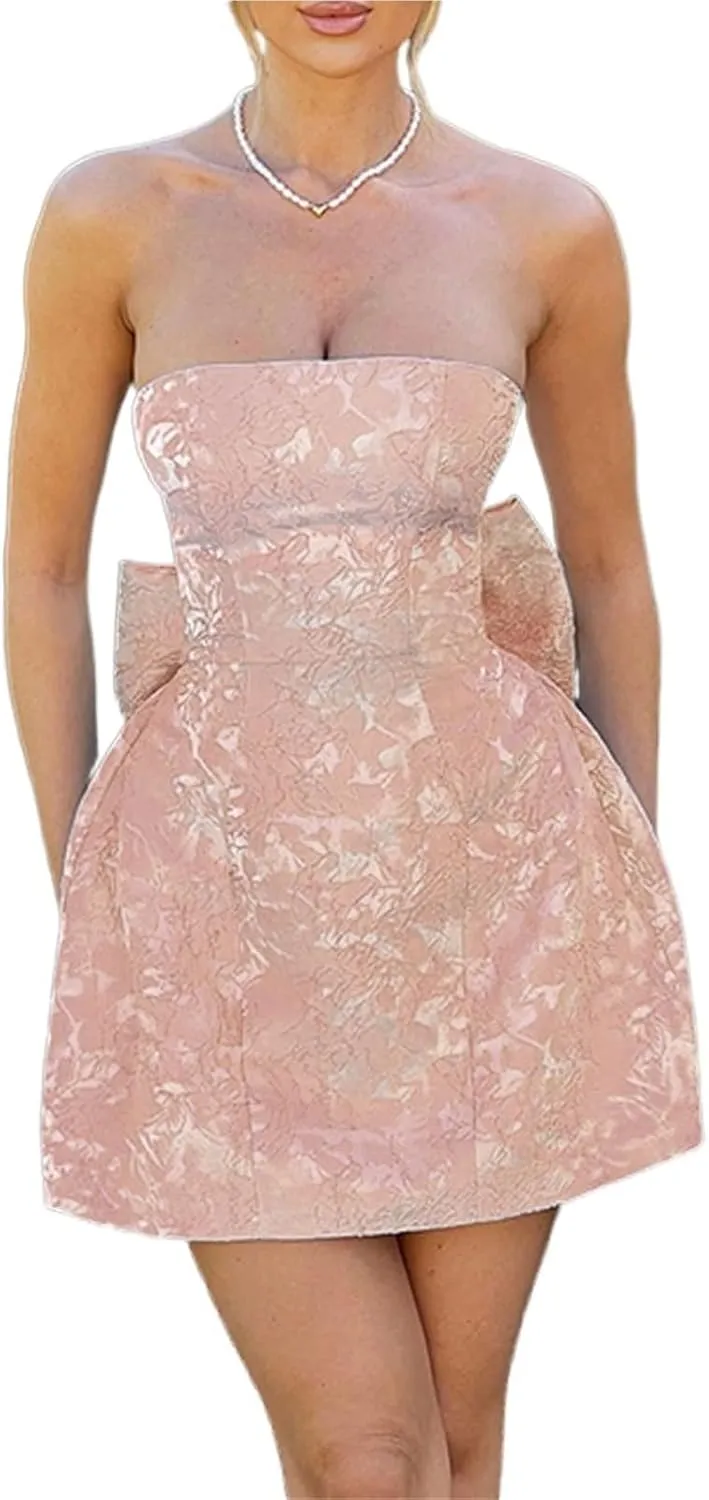 BNGD Women's Solid Color Bustier Backless Bow Dress Sexy Jacquard Strappy Mini Skirt