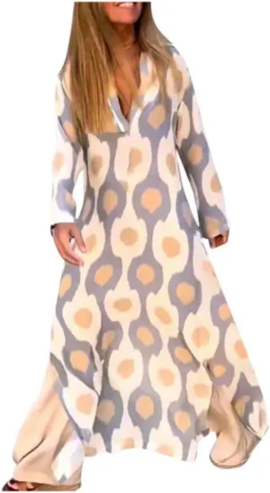 Boho Casual Loose Long Sleeve Maxi Dress for Womens Vintage Print Pleated Crewneck Flowy Baggy Long Dress
