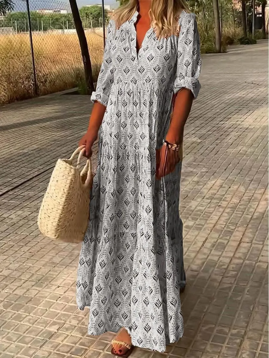 Boho Casual Loose Long Sleeve Maxi Dress for Womens Vintage Print Pleated Crewneck Flowy Baggy Long Dress