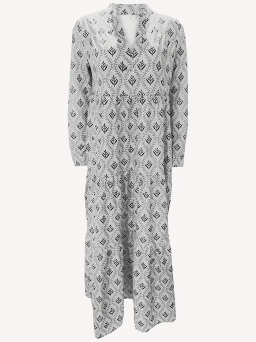 Boho Casual Loose Long Sleeve Maxi Dress for Womens Vintage Print Pleated Crewneck Flowy Baggy Long Dress