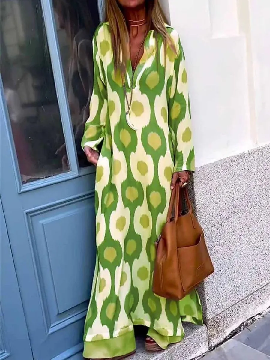 Boho Casual Loose Long Sleeve Maxi Dress for Womens Vintage Print Pleated Crewneck Flowy Baggy Long Dress