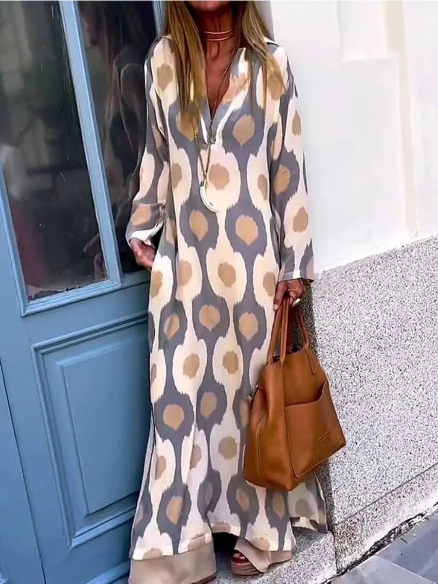 Boho Casual Loose Long Sleeve Maxi Dress for Womens Vintage Print Pleated Crewneck Flowy Baggy Long Dress