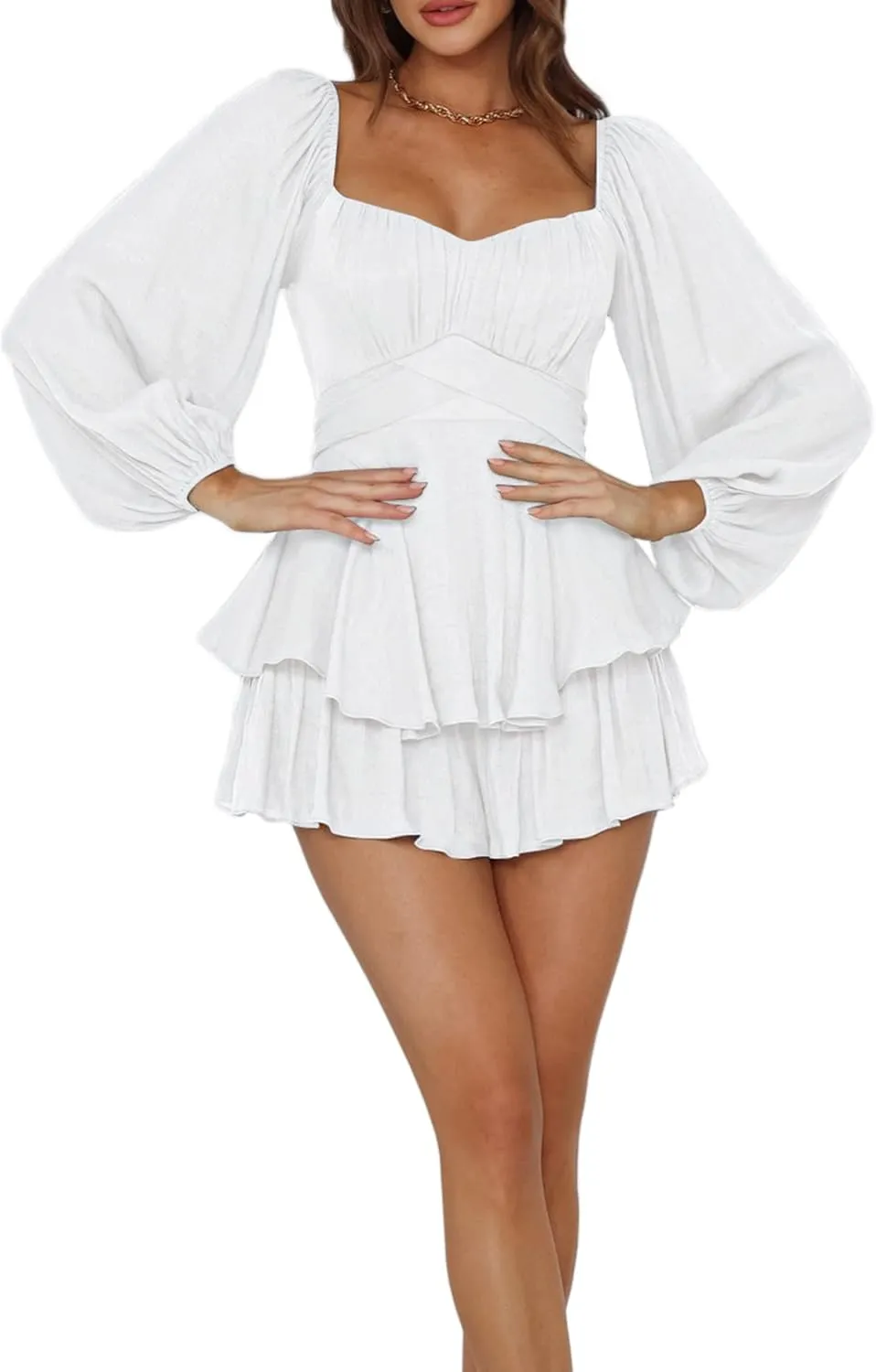 Boho off Shoulder Rompers for Women Dressy Lantern Long Sleeve Ruffle layer Back Tie Mini Shorts Jumpsuit