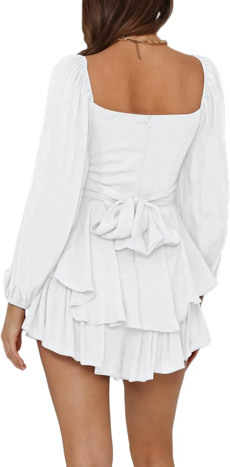 Boho off Shoulder Rompers for Women Dressy Lantern Long Sleeve Ruffle layer Back Tie Mini Shorts Jumpsuit